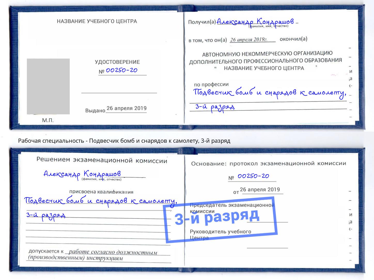 корочка 3-й разряд Подвесчик бомб и снарядов к самолету Рубцовск