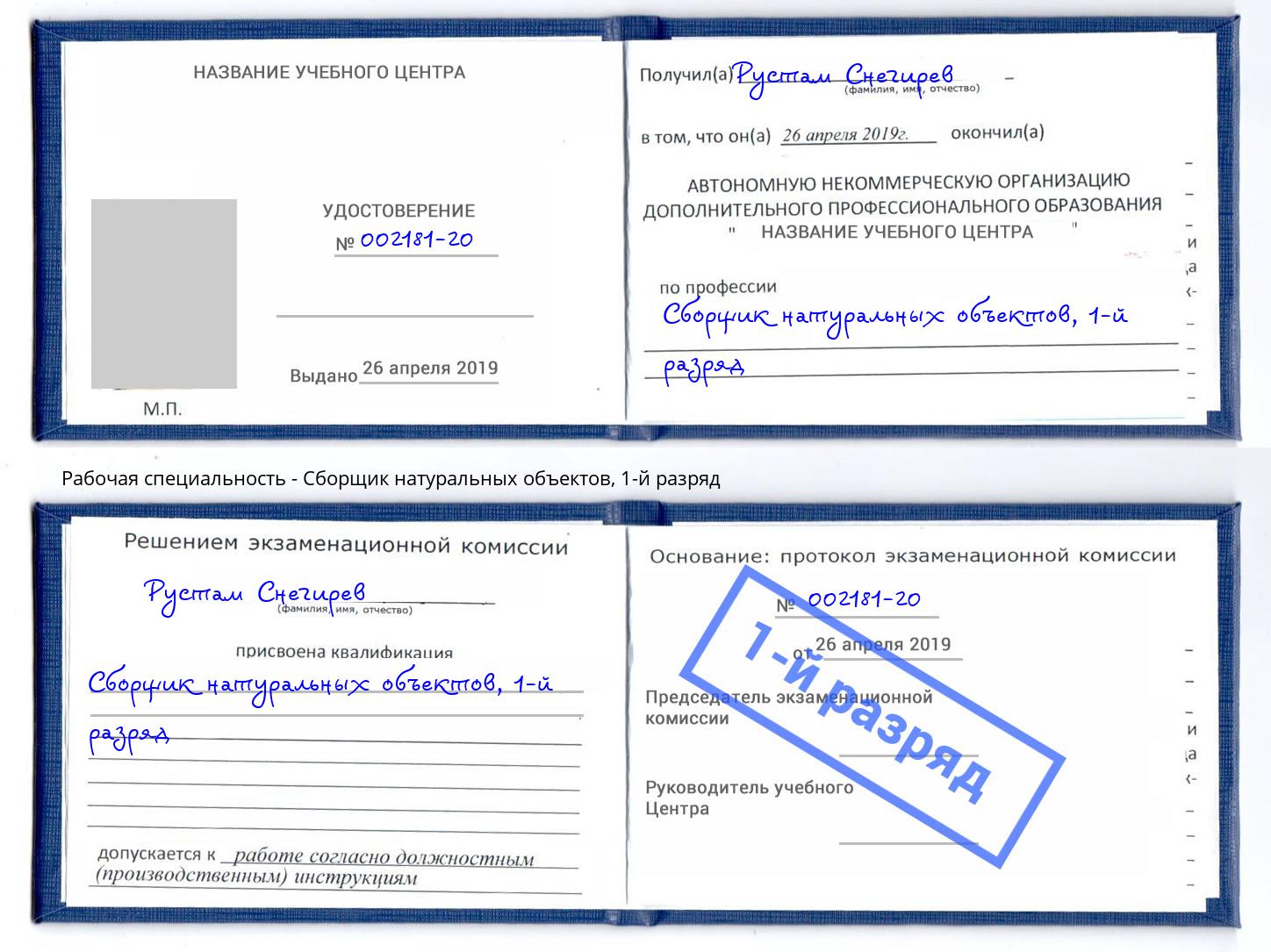 корочка 1-й разряд Сборщик натуральных объектов Рубцовск